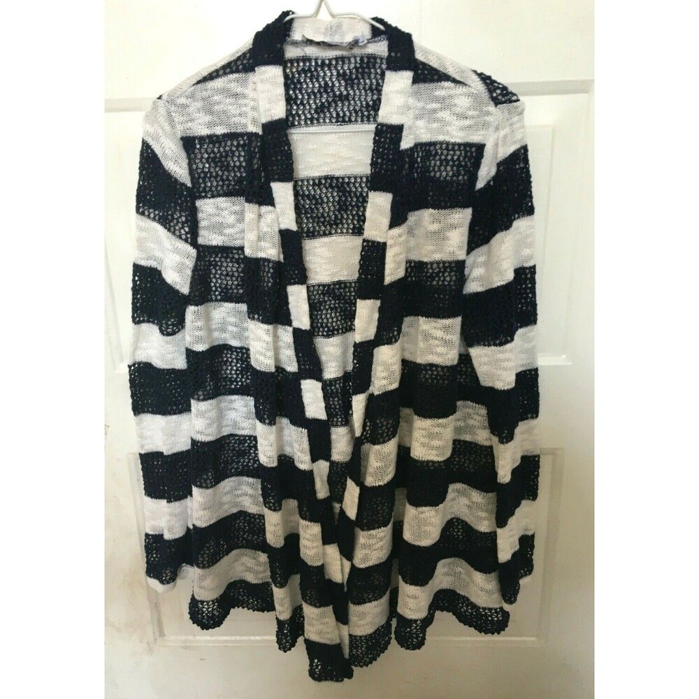 Women's Knit Cardigan Sweater Navy Blue White Open Front M Lightweight Free Ship